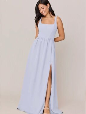 Revelry Periwinkle Whitney Crepe | Square-Neck Bridesmaids Gown with High Slit